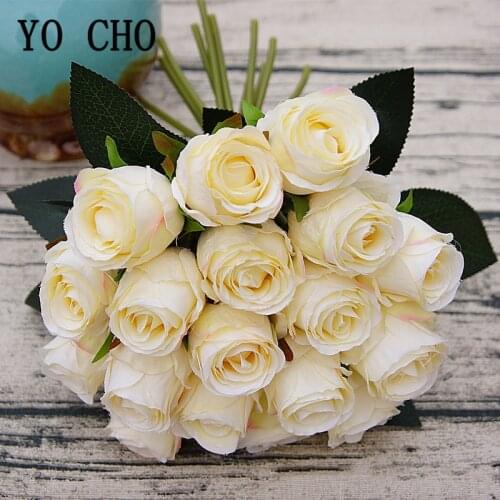 YO CHO Artificial Flower Bouquet 18 Heads Silk Rose Fake Flower White Bridesmaid Wedding Bouquet Home Party Wedding Table Decor