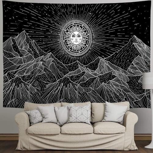 Black white mandala tarot card playa Tapestry Sun Moon Fabric Wall Hanging Blanket Living Room 230cm tapisserie bedroom Decor