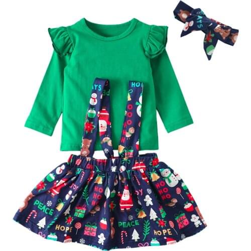 Baby Children Girls 3Pcs Outfits Solid Long Sleeve O Neck Top Suspender Floral Print Skirt Infant Toddler Baby Girl Sets 0-4Y
