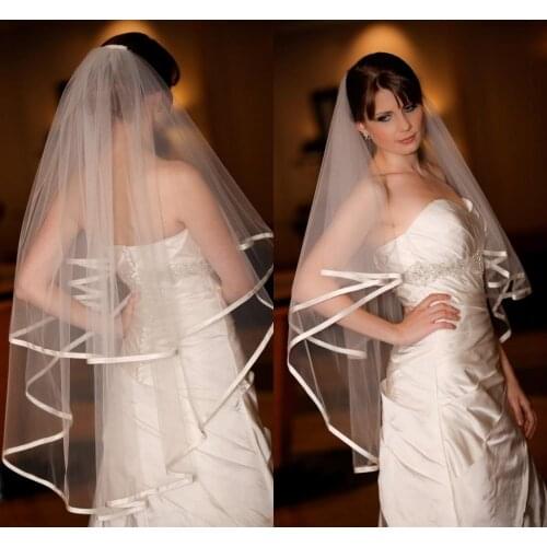 Two Layers White Ivory Wedding Bridal Veils With Sparkling Ribbon Edge Tulle Romantic Veil Wedding Accessories Bridal