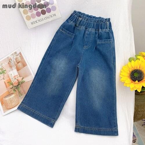 Mudkingdom Girls Jeans Solid Pockets Elastic Waist Middle Wide Leg Denim Pants for Toddler Spring Autumn Trousers Kids Clothes