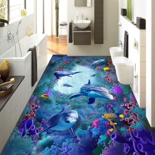 Custom 3D Floor Tiles Wallpaper Marine World Seaweed Coral Dolphin Murals Sticker Kids Bedroom Living Room PVC 3D Flooring Mural