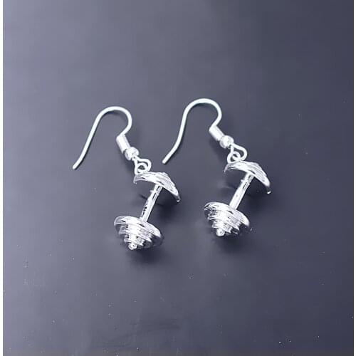 Exquisite small size metal rhodium plated 3D dumbbell pendant earring FIT gym female fitness gift jewelry eardrop