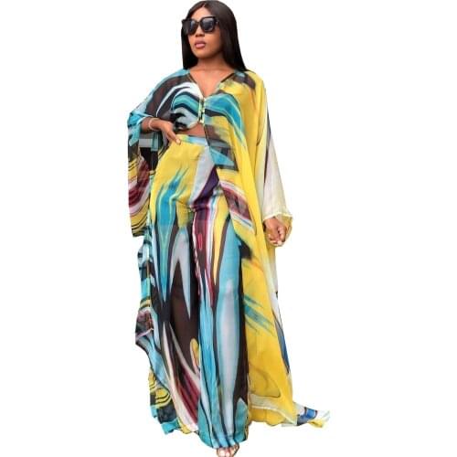 Two Pieces Set 2021 Women Printed Irregular Tops Bawting Sleeve V Neck Loose High Waist Wide Leg Pants African Fashion Suits New