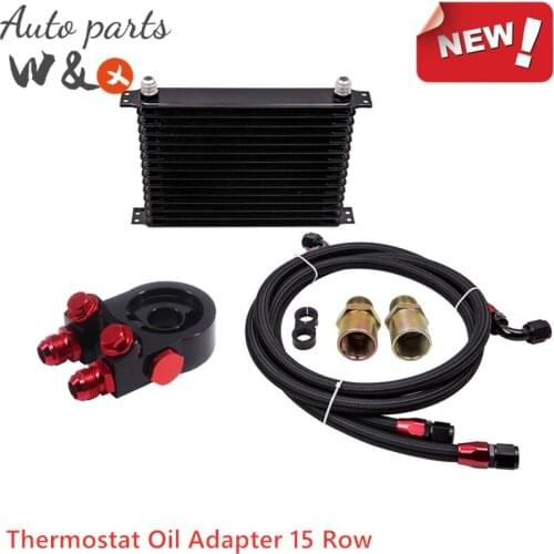 Thermostat Oil Adapter Kit & Universal 15 Rows Oil Cooler Engine Oil Radiator AN-10 + Oil Hose OC-TOL15-3BK