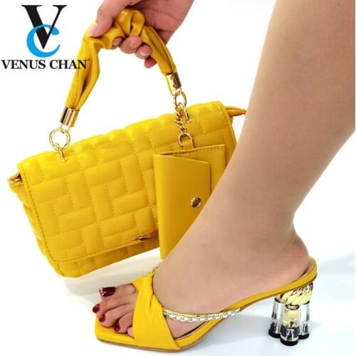 2021 African Hot Selling Italian Design Flower Crystal Style Elegant Yellow Color Party Wedding Ladies Shoes and Bag Set