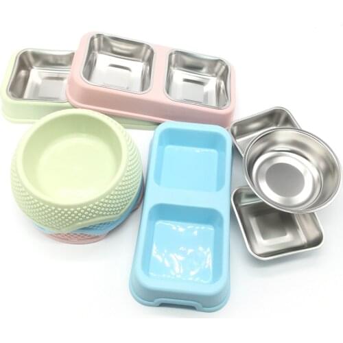 Dog Double Bowl Puppy Food Water Feeder Cute Stainless Steel Pets Drinking Dish Feeder Pets Supplies Feeding Dishes Dogs Bowl