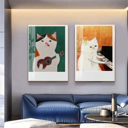 Cartoon Cat Piano Girls Canvas Painting Posters and Prints Figure Creative Wall Art Pictures for Living Room Home Decor Cuadros