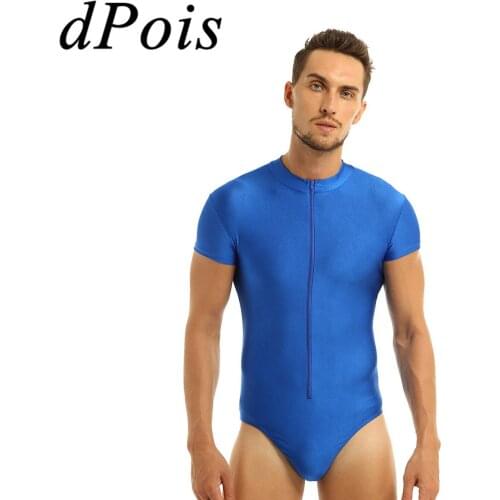 Men Gymnastics Leotard Thong Dancing Bodysuit Swimsuit Bodystocking Short Sleeves Front Zipper High Cut Teddies Jumpsuit Costume