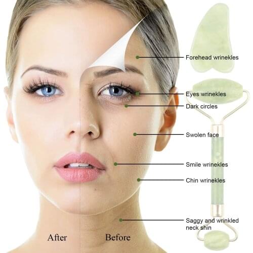 Face Massager Roller Natural Jade Stone Guasha Board Scraper Set Facial Lift Skin Relaxation Slimming Beauty Neck Thin Tool