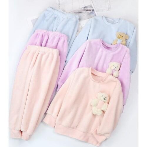Baby Boy Girl Clothes Pajamas Set Flannel Fleece Toddler Child Warm Cartoon Bear Sleepwear Kids Home Suit Winter Fall Spring 1-8