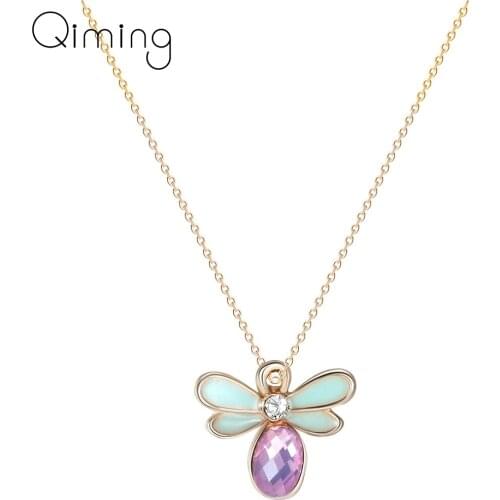 Purple Stone Bee Neckalce Lovely Honeybee Insect Fashion Gold Statement Jewelry Chain Chokers Necklace Sweet Women Baby Gift