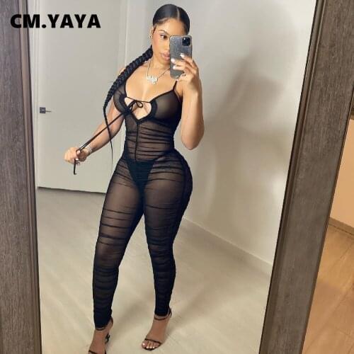 CM.YAYA Mesh See Though Womens Jumpsuit for Sexy Club Night Party Spaghetti Strap Sleeveless Ruched Stacked Romper Outfits