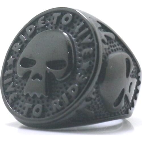 Size 7 to Size 15 Unisex 316L Stainless Steel Cool Ride to Live, Live to Ride Black Flaming Skull Ring