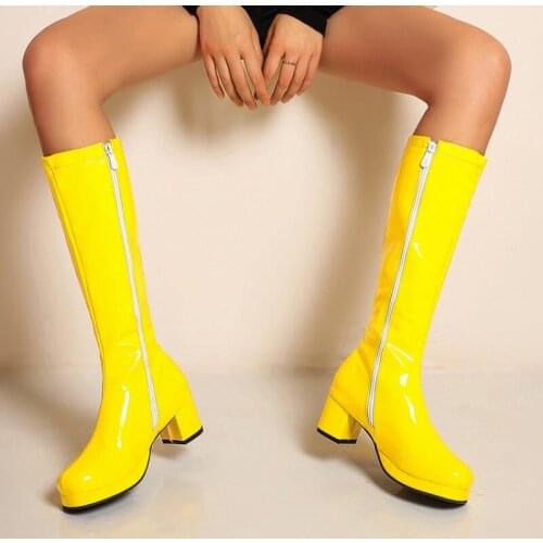 Candy colors Fashion Zipper Boots Patent Leather Knee High Boots Platform Square High Heels Round Toe Autumn Winter Woman Shoes