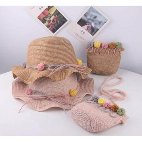 Hot Kids Baby Girl Anti-UV Straw Hat Children Summer Visor Beach Wavy Sunhat Cap Bag Bucket Cap Portable Handbag Beach Hat