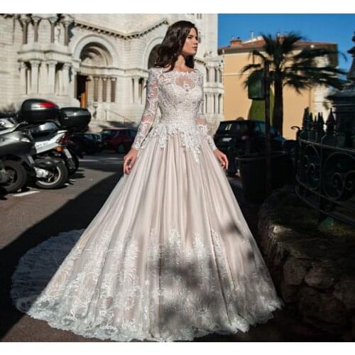 Custom Made Long Sleeve Pearls Appliques A-line Wedding Dresses China Shop Online Bruidsjurken Princess Bridal Gowns
