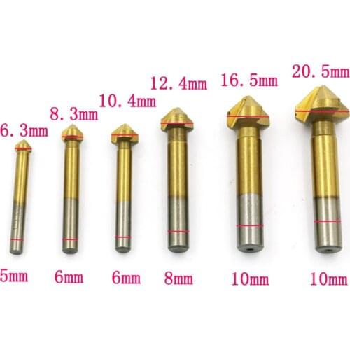 6pcs Tin Coated HSS 3 Flute Edge 90 Degree Chamfer Drills Wood Countersink Drill Bit 6.3/8.3/10.4/12.4/16.5/20.5mm