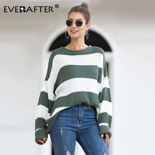 EVERAFTER Streetwear striped knitted sweater women loose soft thick long sleeve pullover jumpers casual wool female sweaters