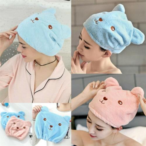 HOT Microfiber Solid Quickly Dry Hair Hat Hair Turban Women Girls Ladies Cap Bathing Drying Towel Head Wrap Hat Cat Ears Pattern