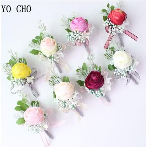 YO CHO DIY Silk Flower Men Corsage Groom Boutonniere Pin Bridal Wrist Corsages Champagne Bridesmaid Bracelet Wedding Accessories