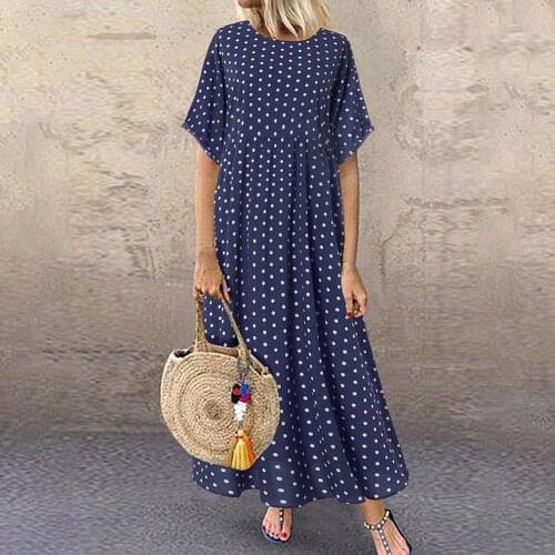 Mode Vrouwen Zomer Jurk Maxi Jurk Dot Print Boho Stijl Vrouwen Lange Korte Mouwen Rok Strand Gewaad Femme Футболка Женский 2021