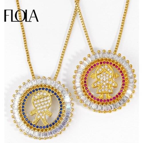 FLOLA Cubic Zirconia Gold Chain Couple Pendant Necklaces For Women Round Crystal Boys And Girls Necklace Rainbow Jewelry nker02