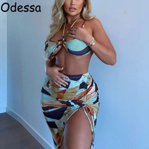 Odessa Sexy Bodycon Dress Sets Women Off Shoulder Hollow Halter Party Crop Split Drawstring Skirt 2021 Summer Print Midi Dresses