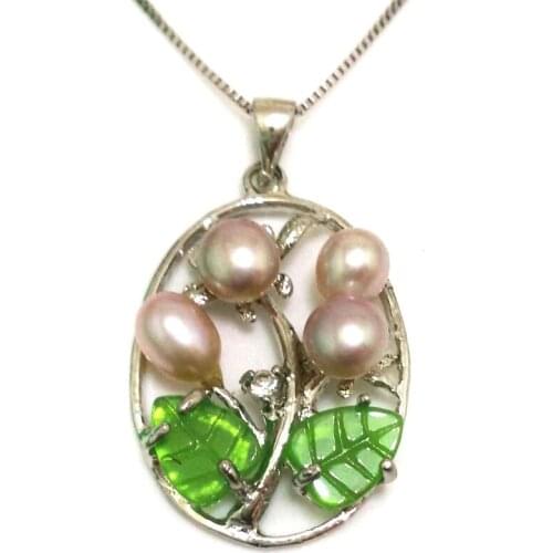 18 inches 20X40mm Natural Lavender 5-6mm Rice Freshwater Pearl 925 Sterling Silver Pendent Necklace