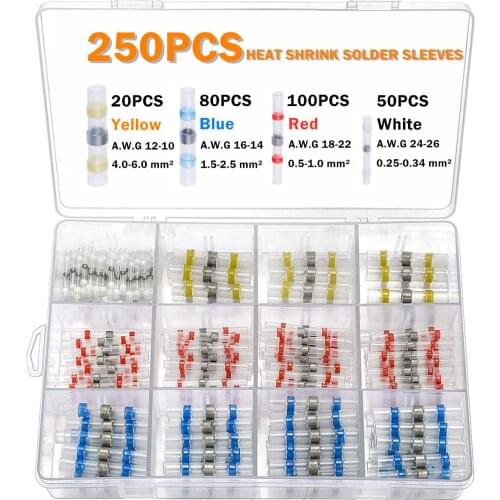 250pcs Waterproof Solder Seal Heat Shrink Wire Butt Terminals Connectors Set Kit