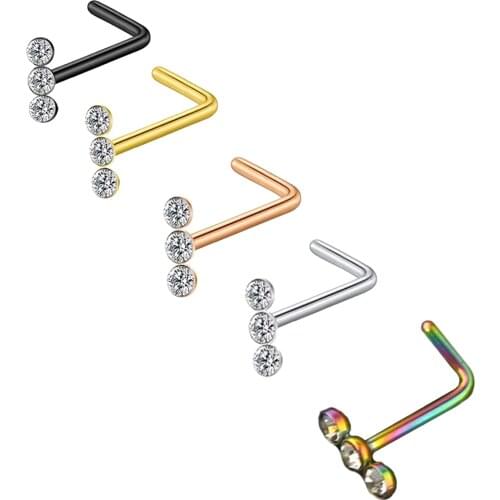 5 Pieces Nose Stud Stainless Steel Rings Rhinestone Crystals Bones Piercing for Women Girl Mixed Color 0.8mm