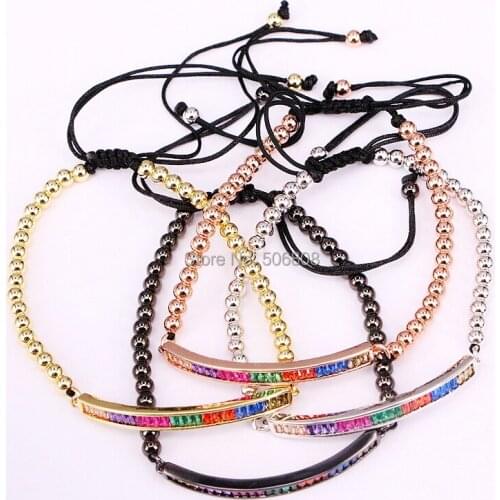 6PCS ZYZ-B7172 Fashion Rainbow CZ Micro Pave Charm Bar Bracelet 4mm Bead Braided Macrame Jewelry Bracelets