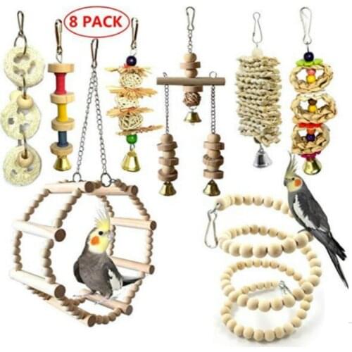 8PCS Original Wooden Parrots Pet Bird Toys Set Bird Ladder