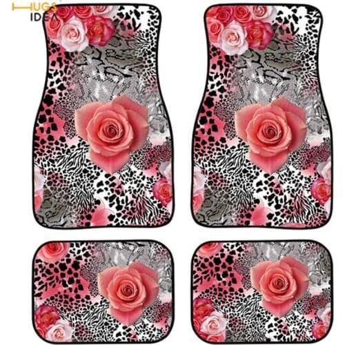 Car Floor Mat Universal Most Car Rose Leopard 3D Print Automobile Carpet set 4 Pcs Car Interior Accessories Fit All Weather