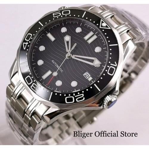 BLIGER Brand Men Wristwatch Sapphire Glass Automatic Movement Mental Band Black/Blue/Grey Dial