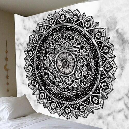 Black Mandala White Tapestry Vintage Exotic Summer Plant Nature Frame for Bedroom Photography Wall Decor