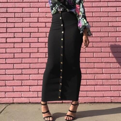 Stretch High Waist Bodycon Long Skirt Black Women Maxi Skirts Buttons Faldas Islamic Clothes Muslim Bodycon Pencil Skirt Jupe