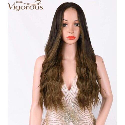 Vigorous Synthetic Ombre Brown Wig Long Wavy Synthetic Wigs for Women Natural Middle Part Hairline Heat Resistant Party Wig