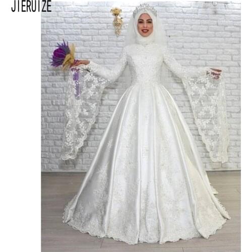 JIERUIZE Modest Muslim Wedding Dresses High Neck Flare Sleeve Appliques A-Line Satin Bridal Gowns Lace Up Back robe de mariee