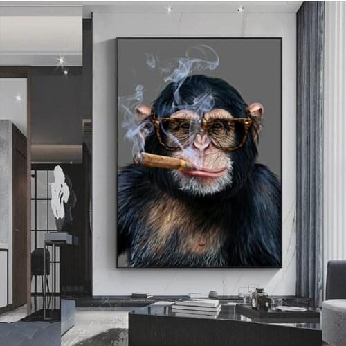Chimp Monkey Smoking Cigar Canvas Painting Modern Wall Art Posters and Prints Animals Decorative Wall Picture for Living Room