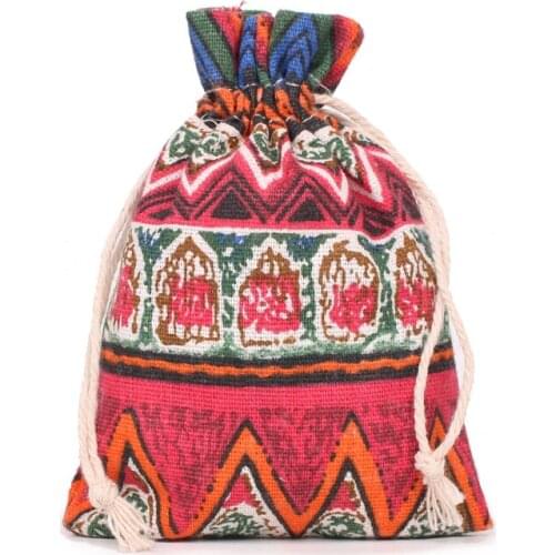 Ethnic Style Printing Pouch 14x16cm Linen Cotton Gift Bags 50pcs/Lot For Party Christmas Candy Packaging