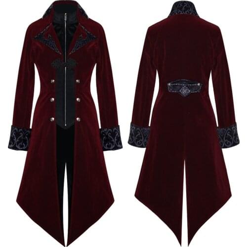 Fashion Vintage Embroidered Corduroy Tuxedo Medieval Punk Jackets Gothic Coat Long Sleeve Halloween Custome Cosplay Men Outwear