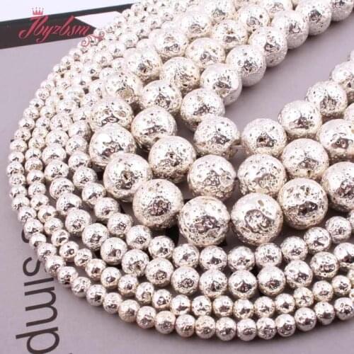 Natural Rock Lava Round Silver Plated 6/8/10/12mm Stone Beads For DIY Necklace Bracelats Jewelry Making Loose 15" Free Shipping