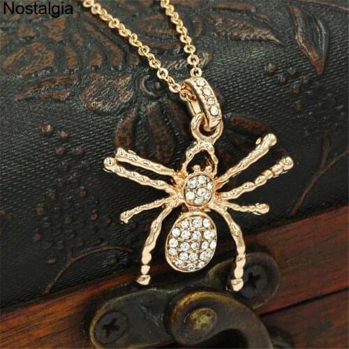 Nostalgia Spider Pendant Plated Gold Necklace For Women Clear Crystals Paved Halloween Jewelry