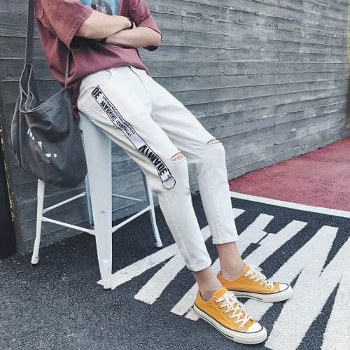 New 2020 Hong Kong style Korean Slim feet Ankle casual pants cut Hole Wild Harajuku style hip hop streetwear ribbon jeans men