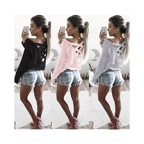 New Fashion Womens Loose Long Sleeve Tops Summer Back Cross T Shirt Casual Cotton Women T-Shirt Clothing