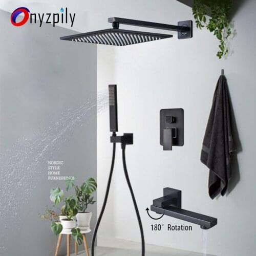 Onyzpily Black Shower Faucets Set 12" Rainfall Shower Head 180 Rotation Concealed Brass Mixer Tap Bathroom Shower Ru warehouse