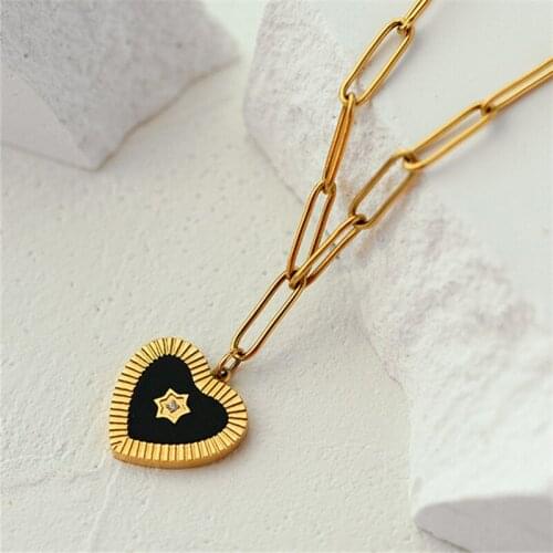 TARCLIY Vintage Geometric Black Enamel Love Heart Charm Necklace Simple Paper Clip Chain Ladies Fashion Trend Party Jewelry