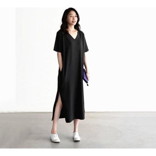 Sexy Black Slit nightgowns for women Summer Modal cotton sleepdress With Pocket pyjamas sleepwear women night dress plus size