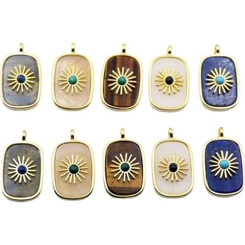 Natural Gems Stone pendants Fashion Gold-plated Crystal with Flower Metal charm Stone Beads Paved pendants for necklace making